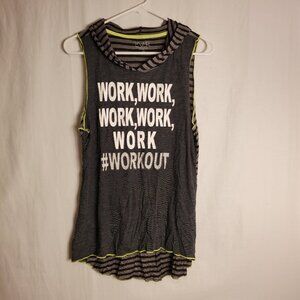 EVCR Workout Hooded Short Sleeve Top Womens Sz L Striped Blk/Grey/Green